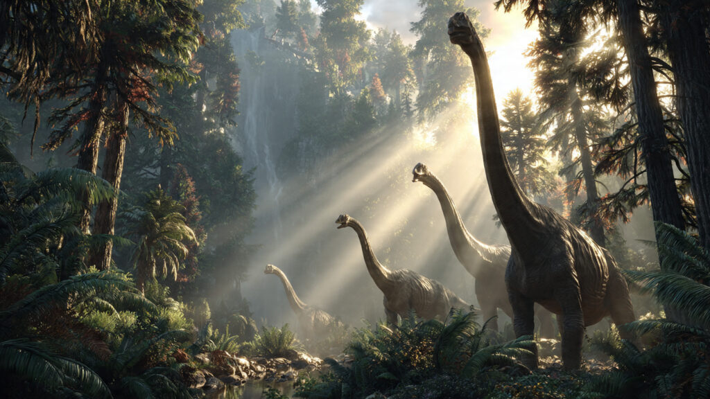 Reconstituição artística de um grupo de saurópodes Brachiossauros em uma floresta tropical úmida do Período Jurássico. Gerada por IA