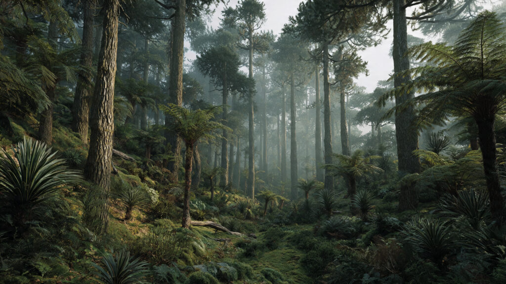Paisagem de uma floresta de araucárias e samambaias gigantes sob neblina, representando a vegetação sobrevivente da Era Mesozoica. Gerada por IA