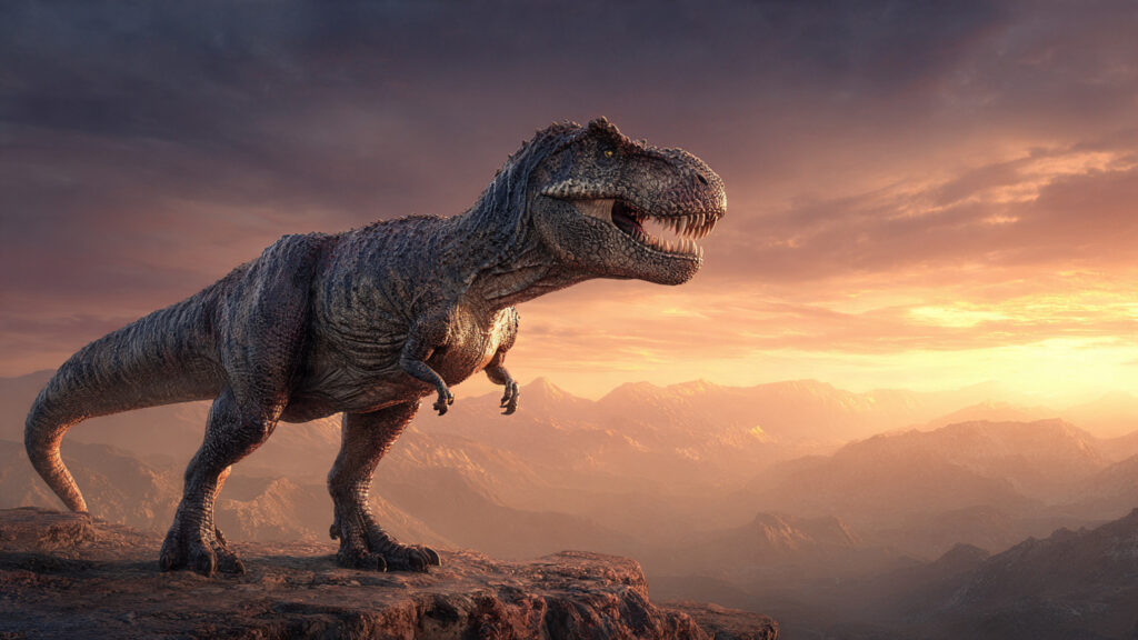 Reconstituição artística de um Tyrannosaurus rex em postura de domínio sobre uma colina durante o pôr do sol no Cretáceo Superior. Gerada por IA