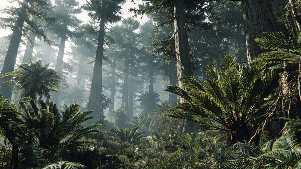 Reconstituição de uma floresta do Período Jurássico dominada por coníferas gigantes e cicadáceas sob uma névoa matinal. Gerada por IA