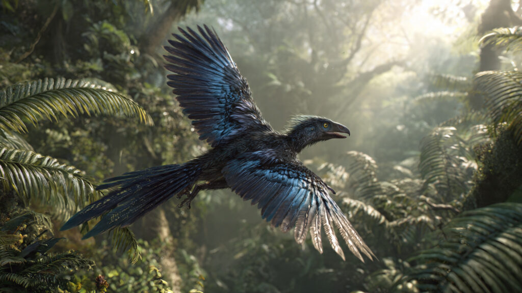 Reconstituição artística de um Microraptor com penas azuis iridescentes planando em uma floresta tropical do Período Cretáceo. Gerada por IA