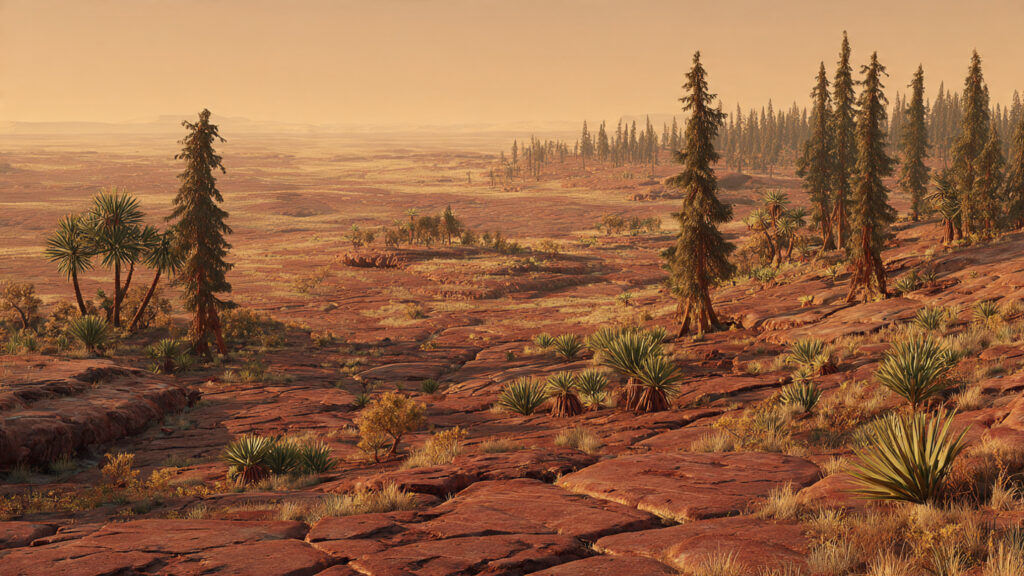 Reconstituição de uma paisagem do Triássico após a extinção Permo-Triássica, destacando a vegetação de cicadáceas e o clima árido. Gerada por IA