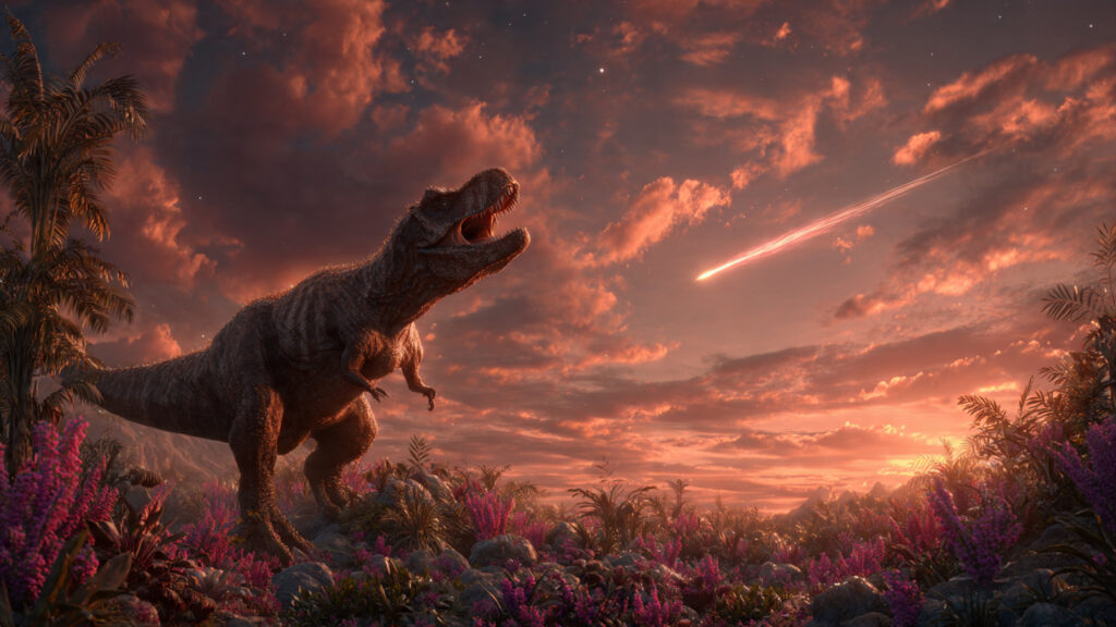 Reconstituição do Período Cretáceo mostrando um T-Rex em uma floresta com flores e um asteroide brilhando ao fundo no céu. Gerada por IA