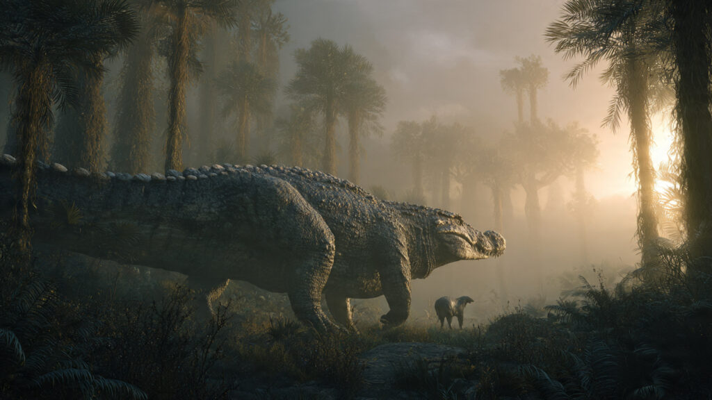 Reconstituição de um rauissúquio Prestosuchus espreitando um pequeno dinossauro primitivo em uma floresta do Triássico. Gerada por IA