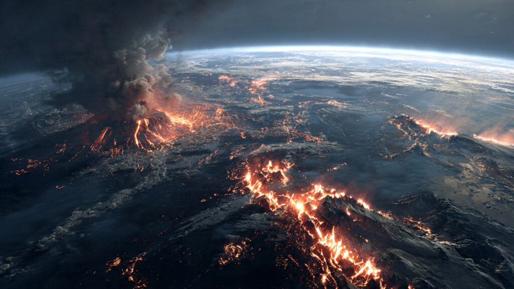 Ilustração científica das teorias de 2026 mostrando o impacto do asteroide e o vulcanismo massivo dos Trapps do Decã ocorrendo simultaneamente. Gerada por IA