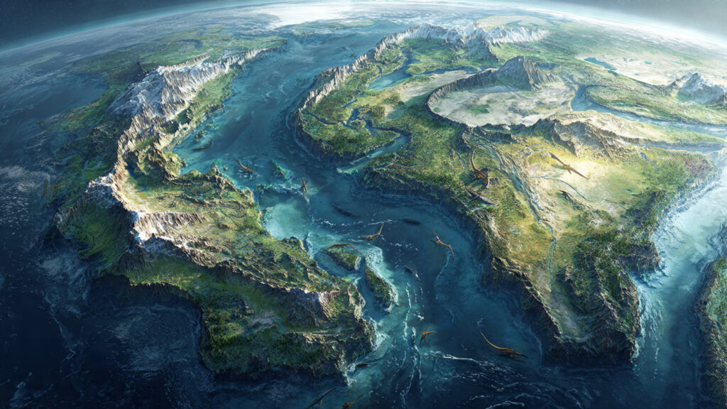 Mapa ilustrativo do supercontinente Pangeia se fragmentando no Período Jurássico, mostrando a formação de novos oceanos e a separação dos blocos continentais. Gerada por IA