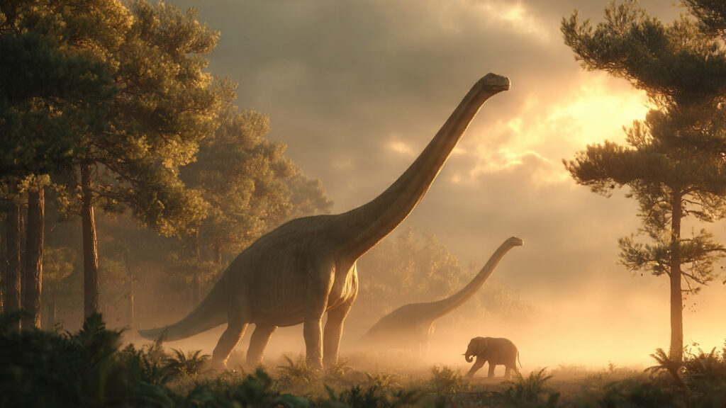 Comparação de escala e reconstituição artística de um Brachiosaurus e um Diplodocus em um vale do Período Jurássico. Gerada por IA