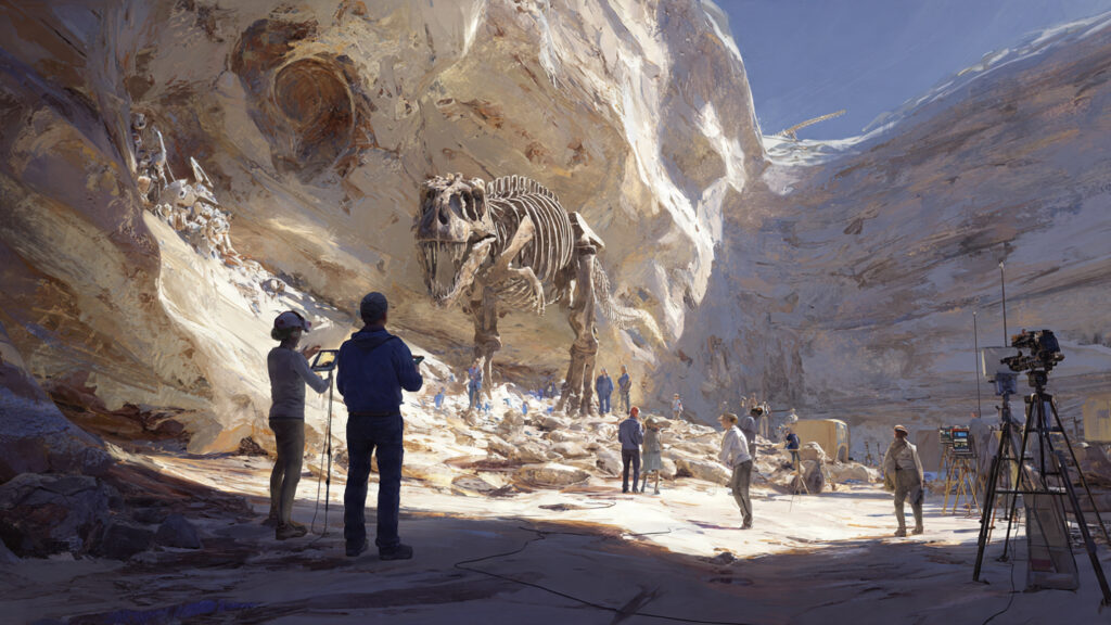 Paleontólogos em 2026 utilizando tecnologia de escaneamento a laser em uma nova descoberta de fóssil de dinossauro jurássico no deserto. Gerada por IA