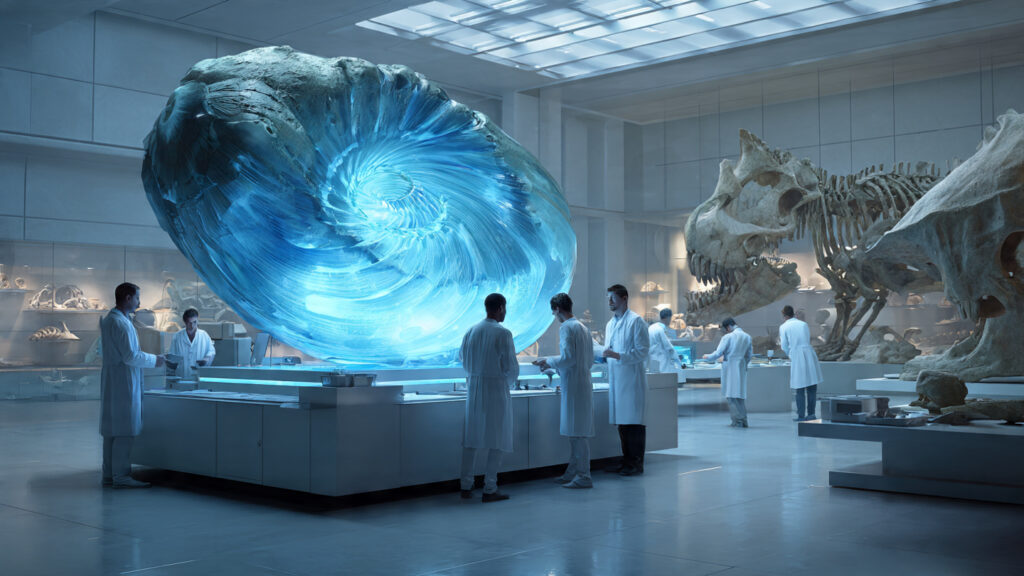 Cientistas em 2026 analisando um holograma 3D de um embrião de dinossauro perfeitamente preservado dentro de um ovo fossilizado. Gerada por IA