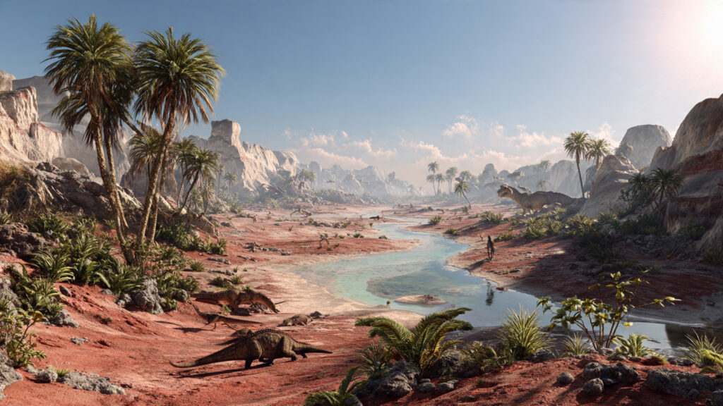 Reconstituição do Período Triássico mostrando a diversidade de répteis dominantes e os primeiros dinossauros em uma paisagem de Pangeia. Gerada por IA