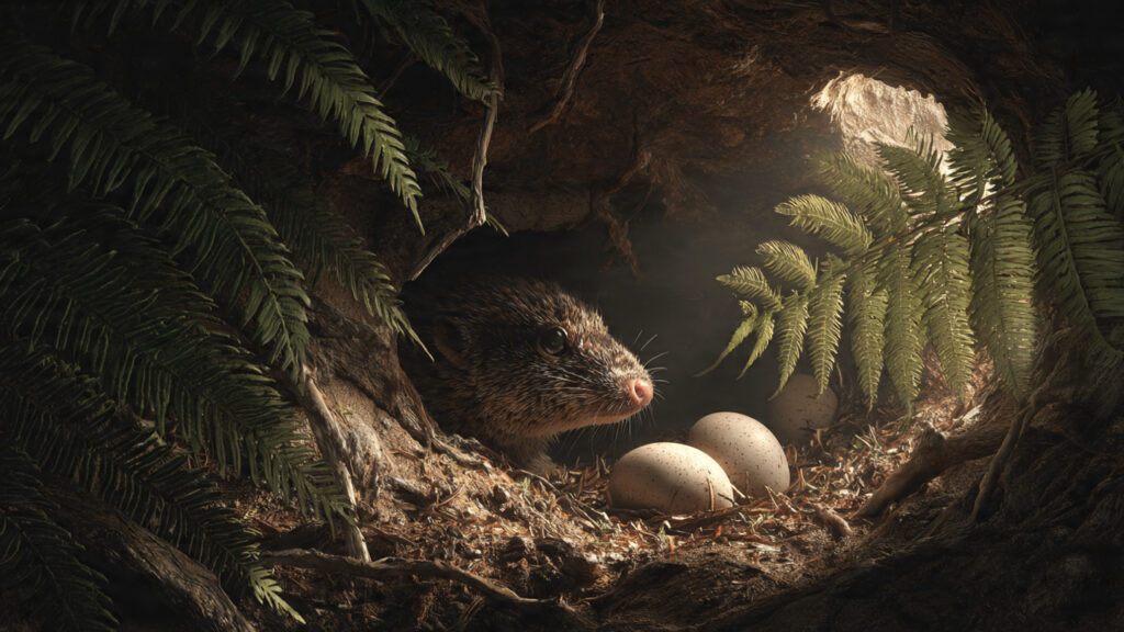 Reconstituição artística do pequeno mamaliaforme Brasilodon quadrangularis protegendo seus ovos dentro de uma toca no Período Triássico brasileiro. Gerada por IA