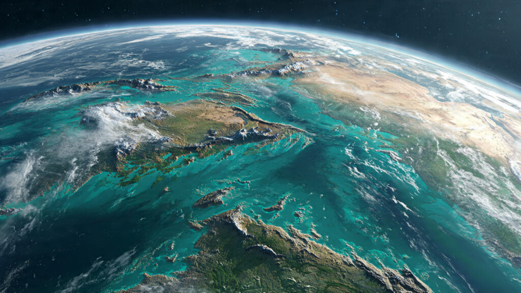Reconstituição paleogeográfica do planeta Terra durante o Período Cretáceo, destacando a separação da América do Sul e África e os mares interiores. Gerada por IA