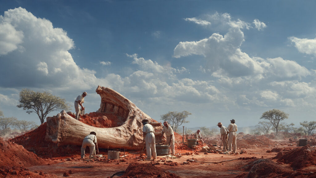 Paleontólogos brasileiros em 2026 realizando a escavação de um grande osso de titanossauro em um sítio arqueológico no interior do país. Gerada por IA