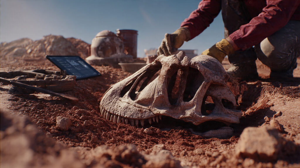 Reconstituição de uma escavação paleontológica no Brasil em 2026, mostrando a descoberta de um crânio de abelissaurídeo em solo de terra vermelha. Gerada por IA