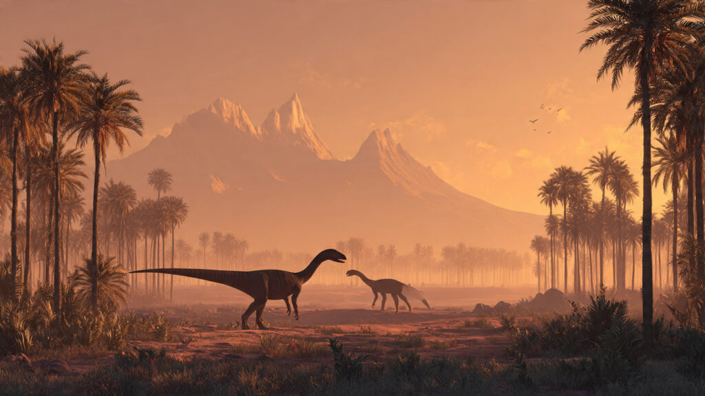 Reconstituição artística dos primeiros dinossauros sul-americanos, Staurikosaurus e Herrerasaurus, em uma planície do Triássico Superior. Gerada por IA