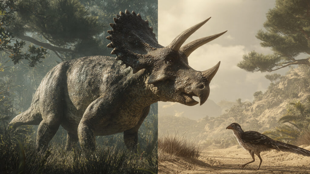 Ilustração comparativa mostrando o habitat florestal do Triceratops na América do Norte e o habitat desértico do Velociraptor na Ásia. Gerada por IA