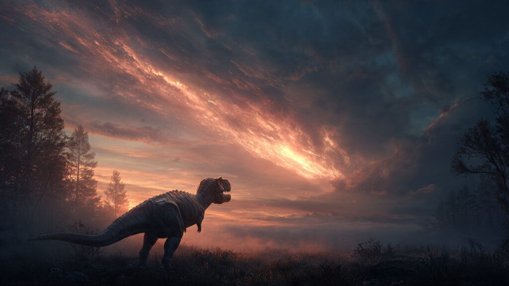 Reconstituição dramática do momento do impacto do asteroide de Chicxulub, com um dinossauro observando a bola de fogo no horizonte. Gerada por IA